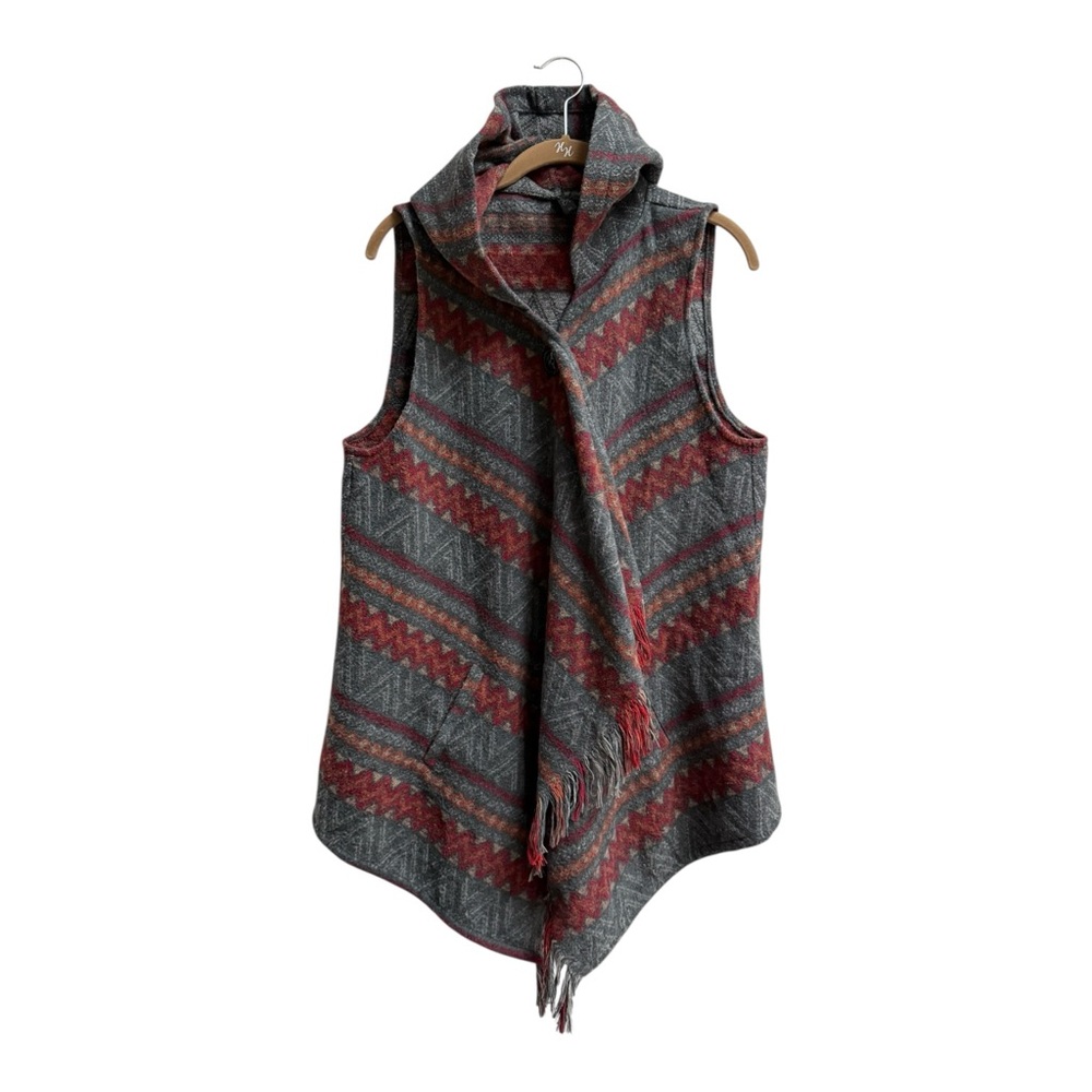 Women’s Hooded Wool Blend Aztec Boho Vest Tassel Fringe Gray Red Sweater Size M
